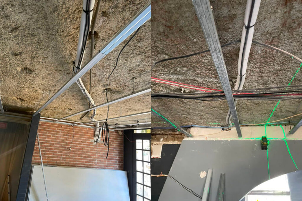 installation du faux plafond, des cables et des canalisations pour l'installation de la climatisation