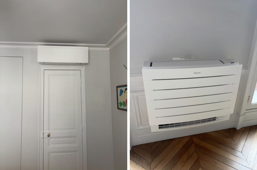 Climatisation d’un appartement haussmannien : mural posé au-dessus d’une porte et console carrossée Daikin devant les boiseries