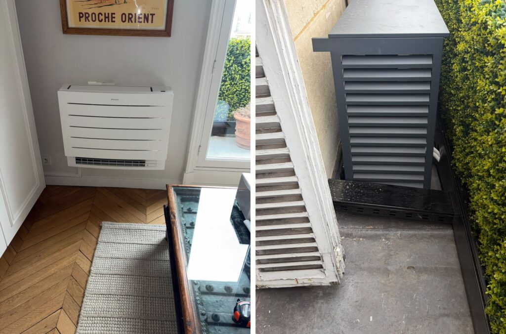 Console Daikin dans un séjour parisien et habillage du groupe extérieur à lames dans la teinte du garde-corps, sur le balcon