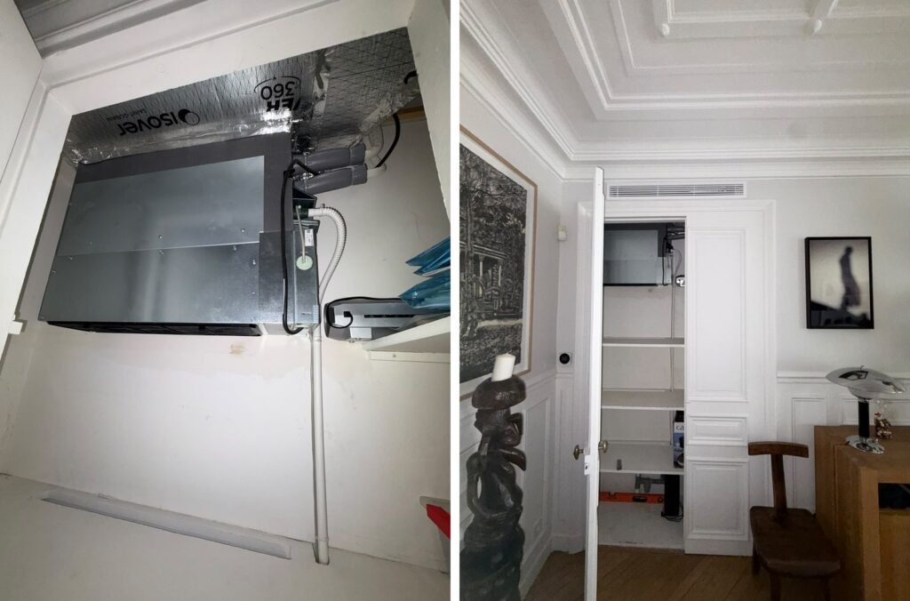 Console de climatisation non carrossée installée dans un placard isolé et grille de diffusion vue depuis la pièce