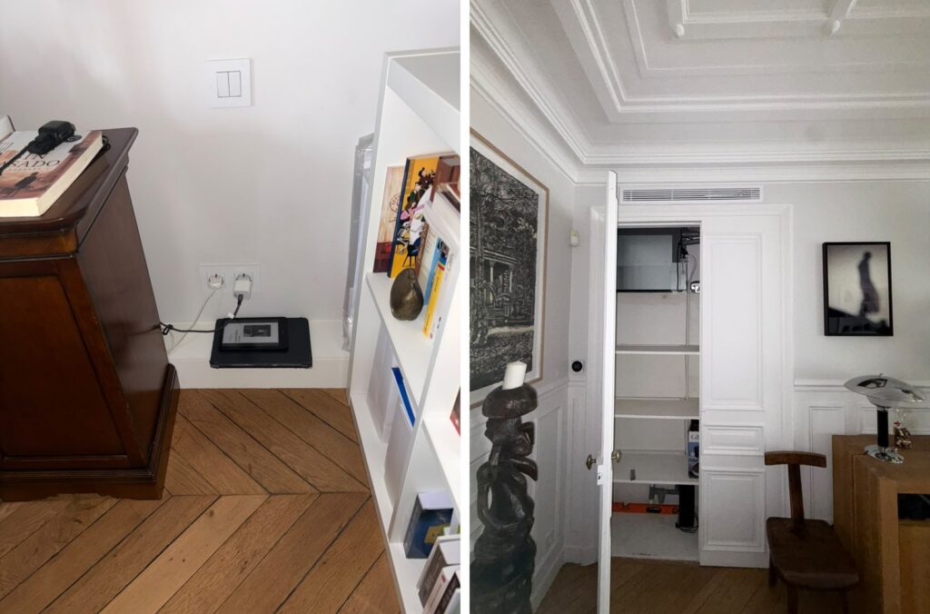 Liaisons de climatisation dissimulées dans une plinthe agrandie et grille de diffusion au-dessus d’un placard, appartement haussmannien